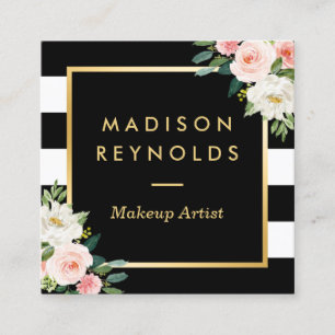 Blush White Floral Gold Frame Black White Stripes Square Business Card