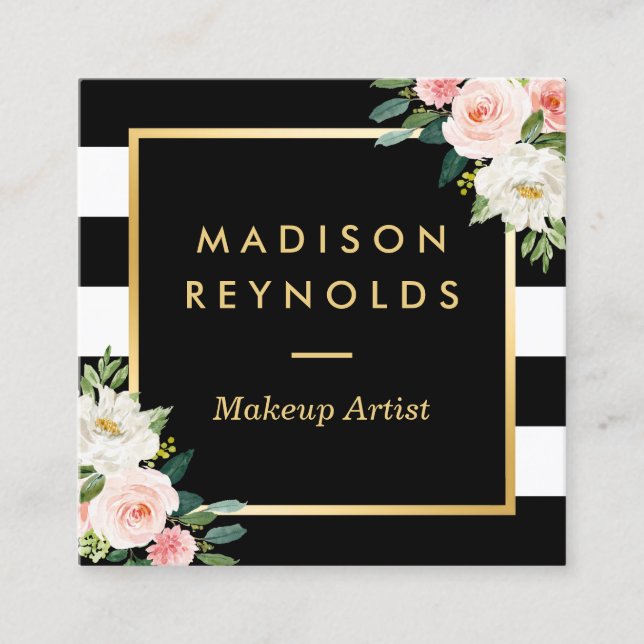 Blush White Floral Gold Frame Black White Stripes Square Business Card (Front)