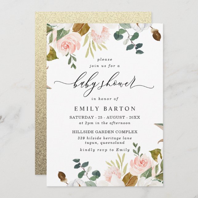 Blush & White Floral Gold Glitter Baby Shower Invitation (Front/Back)