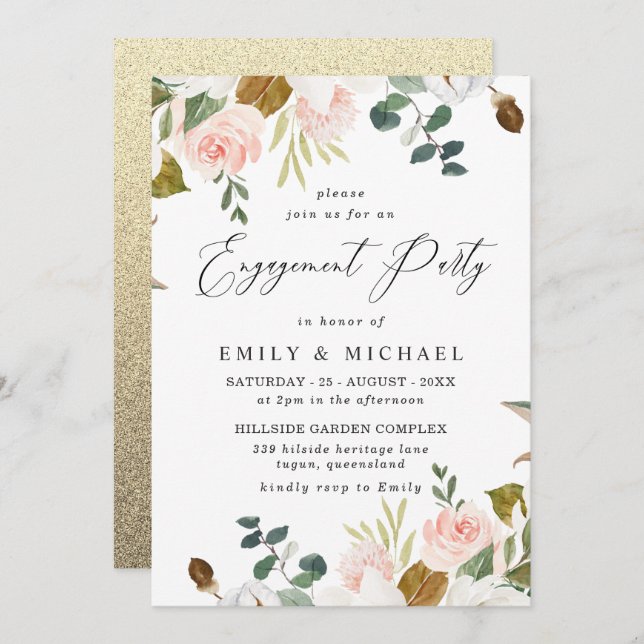 Blush & White Floral Gold Glitter Engagement Party Invitation (Front/Back)