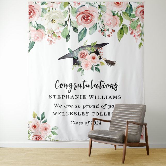 Blush & White Floral Graduation Congratulations Tapestry (In Situ)