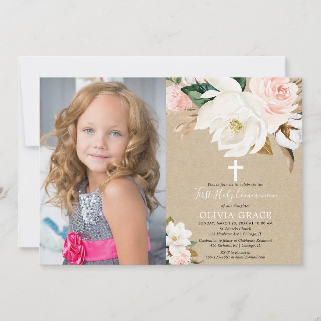 Blush white floral rustic girl first communion invitation (Front)