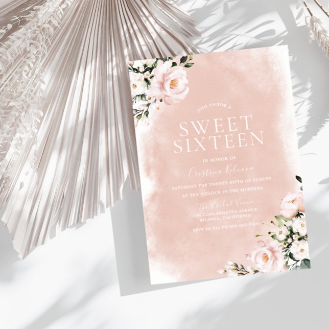Blush & White Floral Watercolor Sweet 16 Invitation (Creator Uploaded)