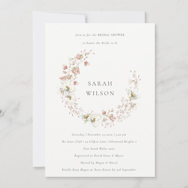 Blush White Floral Wreath Bridal Shower Invite (Front)