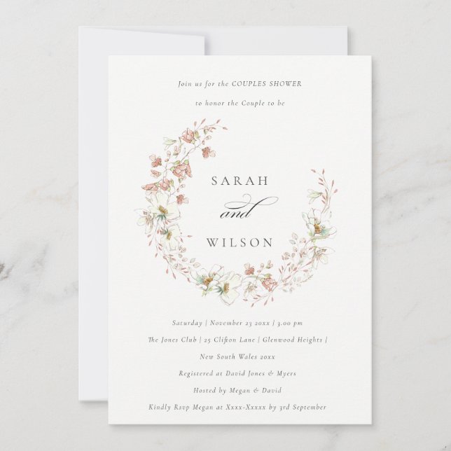 Blush White Floral Wreath Couples Shower Invite (Front)