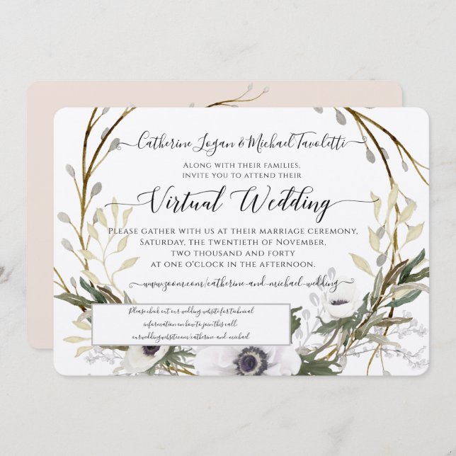 Blush White Floral Wreath Rustic Virtual Wedding Invitation (Front/Back)