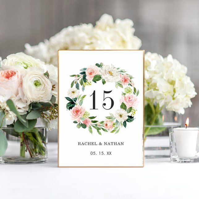 Blush White Floral Wreath Wedding Table Number (Creator Uploaded)