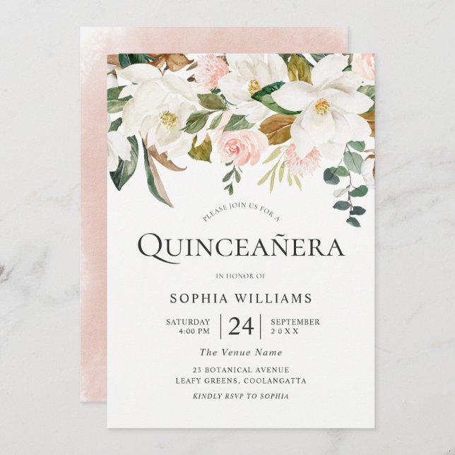 Blush & White Florals Beautiful Quinceañera Party Invitation (Front/Back)