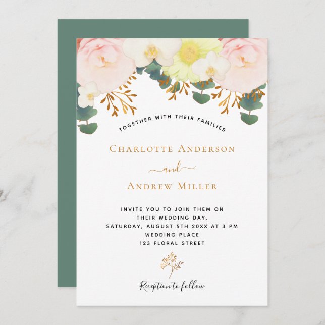 Blush white florals gold greenery wedding invitation (Front/Back)