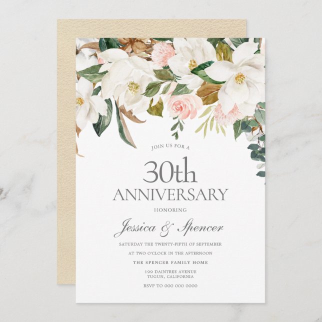 Blush & White Flowers 30th Wedding Anniversary Invitation (Front/Back)