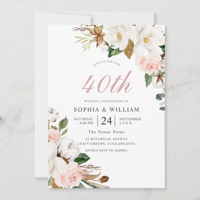 Blush & White Flowers 40th Wedding Anniversary Invitation (Front)