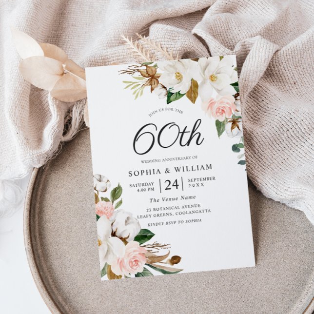Blush & White Flowers 60th Wedding Anniversary Invitation (Creator Uploaded)