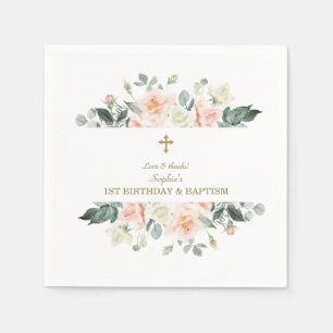 Blush White Flowers Gold Girl 1st Birthday Baptism Napkin