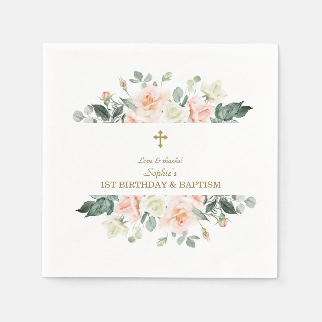 Blush White Flowers Gold Girl 1st Birthday Baptism Napkin (Front)