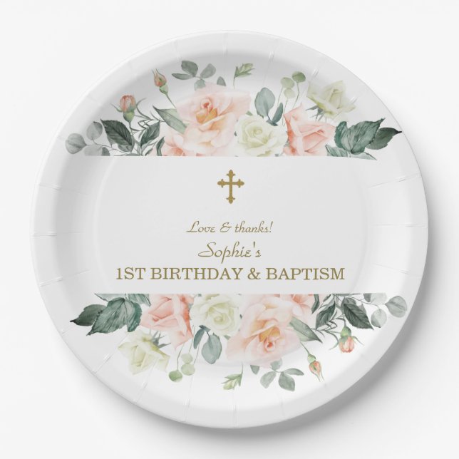 Blush White Flowers Gold Girl 1st Birthday Baptism Paper Plate (Front)