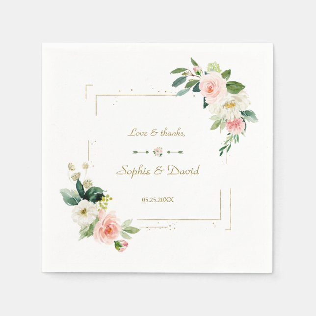 Blush White Flowers Gold Glitter Wedding Napkin (Front)