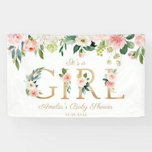 Blush & White Flowers Gold It's a Girl Baby Shower Banner