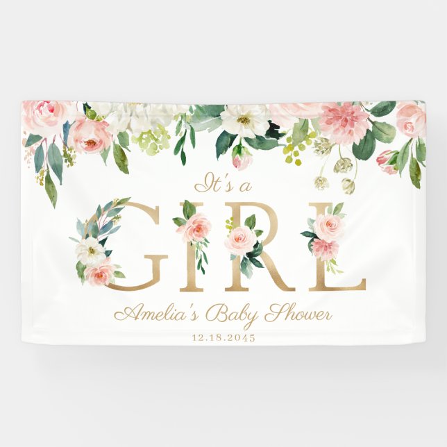 Blush & White Flowers Gold It's a Girl Baby Shower Banner (Horizontal)