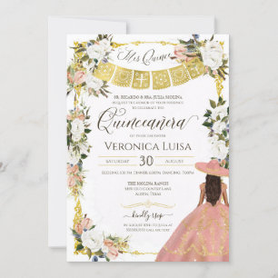 Blush White Gold Charro Floral Dress Quinceanera Invitation