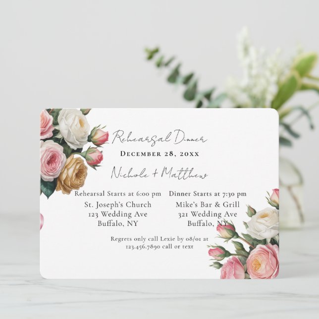 Blush White Gold Floral Rehearsal Dinner Invitation (Standing Front)