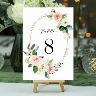 Blush White Gold Frame Floral Wedding Table Number