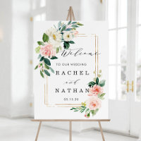 Blush White Gold Frame Floral Wedding Welcome Sign