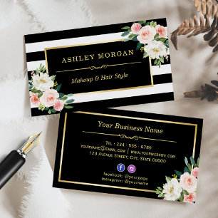 Blush White Green Floral Black White Stripes Business Card