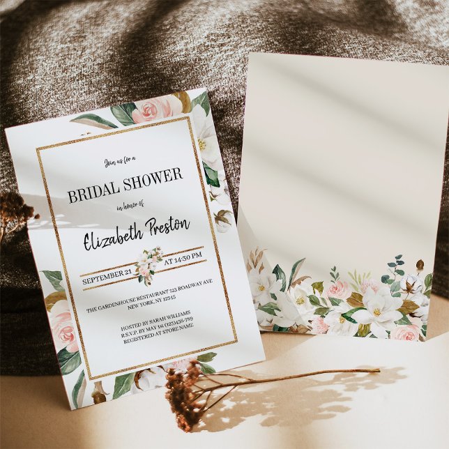 Blush White Magnolia Floral Bridal Shower Invitation (Creator Uploaded)
