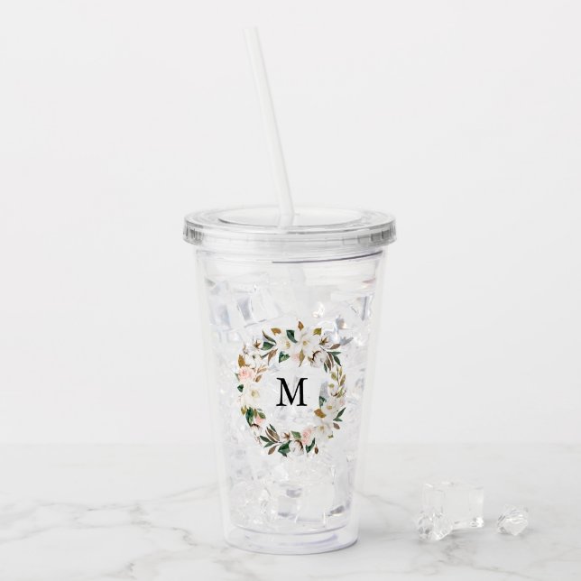 Blush & White Magnolia Watercolor Wreath Monogram Acrylic Tumbler (Front Ice)