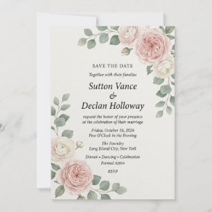 Blush & White Rose Botanical Elegant Save the Date Invitation