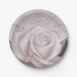 Blush White Rose Glam Modern Marble Bridal Shower Paper Plate
