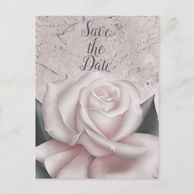Blush White Rose Glam Modern Marble Save the Date Announcement Postcard (Front)