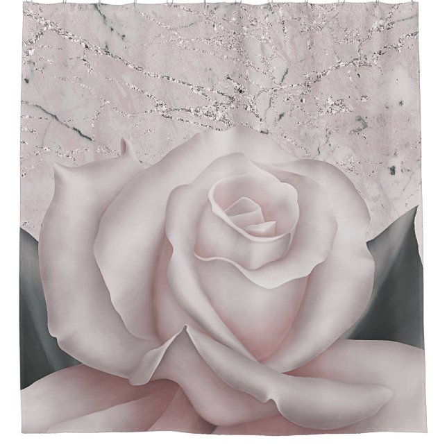Blush White Rose Glam Modern Marble Shabby Chic Shower Curtain (Front)