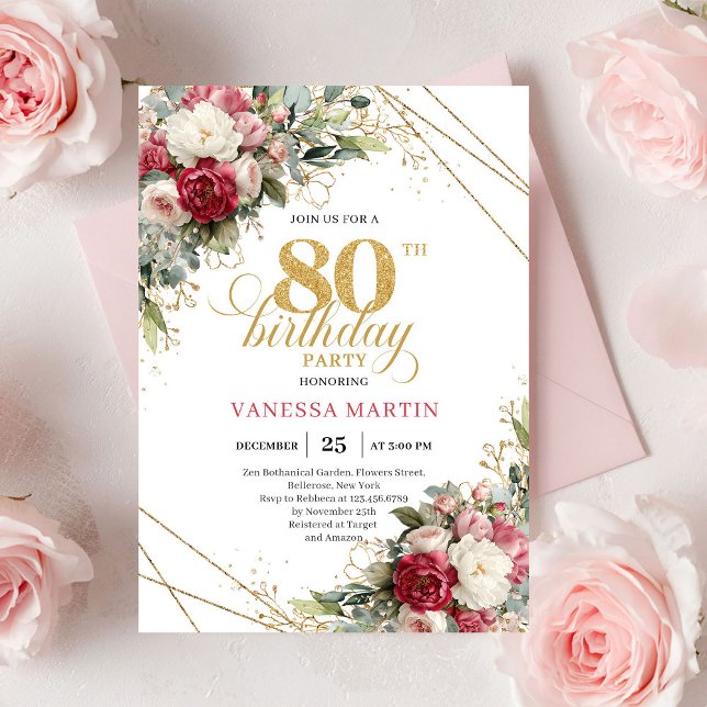 Blush white roses elegant gold trim 80th birthday  invitation (Blush white roses elegant gold trim 80th birthday invitation

)