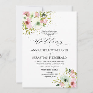 Blush & white roses with gold splashes invitation