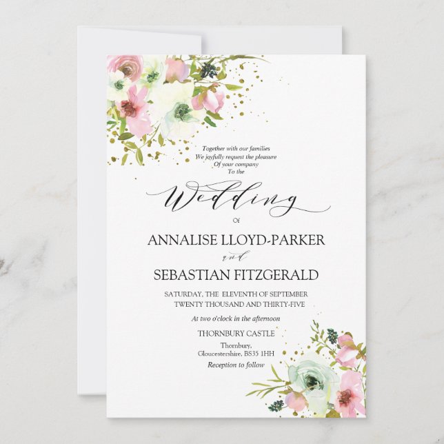 Blush & white roses with  gold splashes  invitation (Front)