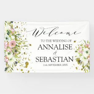 Blush & White roses with gold splashes wedding Banner