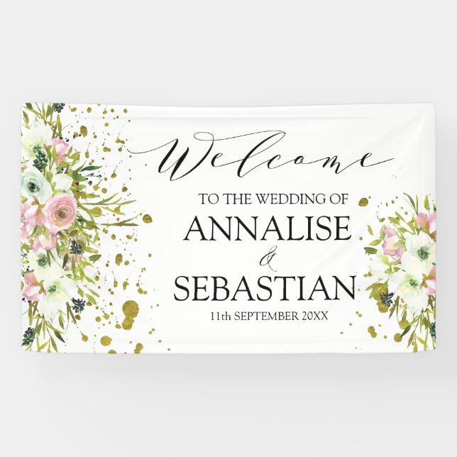 Blush & White roses with gold splashes wedding  Banner (Horizontal)