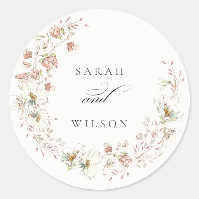 Blush White Rustic Meadow Floral Wreath Wedding Classic Round Sticker (Front)