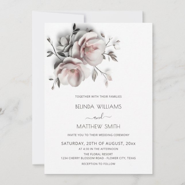 Blush White Textured Roses Simple Wedding Invitation (Front)