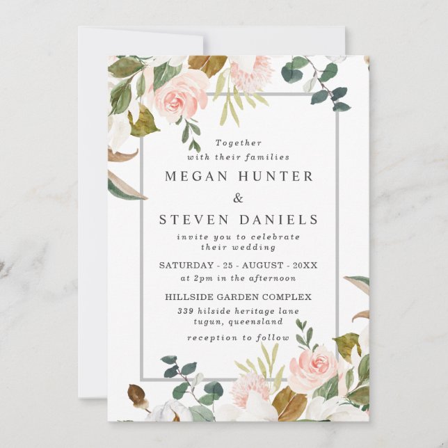 Blush & White Watercolor Flowers Border Wedding Invitation (Front)