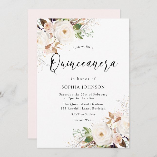 Blush White Winter Forest Quinceanera Party Invitation (Front/Back)