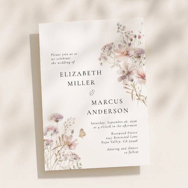 Blush Wildflower Boho Garden Floral Wedding Invitation (Blush wildflower floral wedding invitation with soft pastel flowers and elegant modern typography)