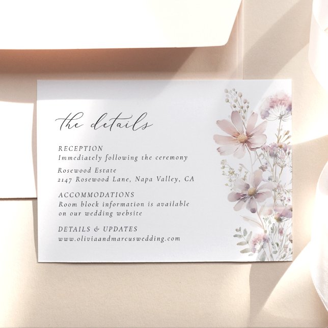 Blush Wildflower Floral Wedding Details Enclosure Card (Blush wildflower wedding details card with elegant serif type and soft floral design)