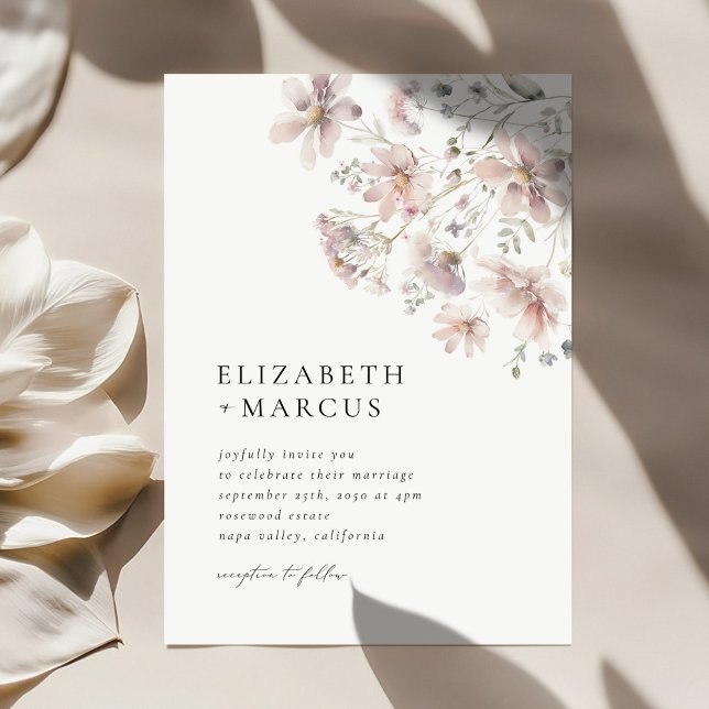 Blush Wildflower Minimal Boho Wedding Invitation (Blush wildflower wedding invitation with elegant serif typography and soft floral corner design)