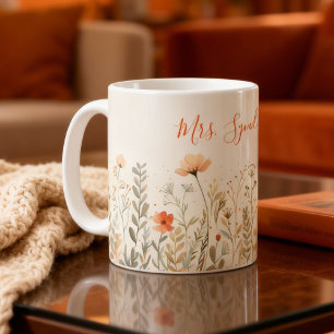 Blush Wildflower Teacher Name Elegant Script Coffee Mug