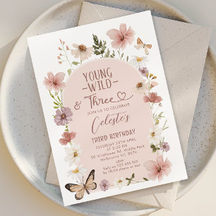 Blush Wildflower Young Wild Three 3rd Birthday Invitation