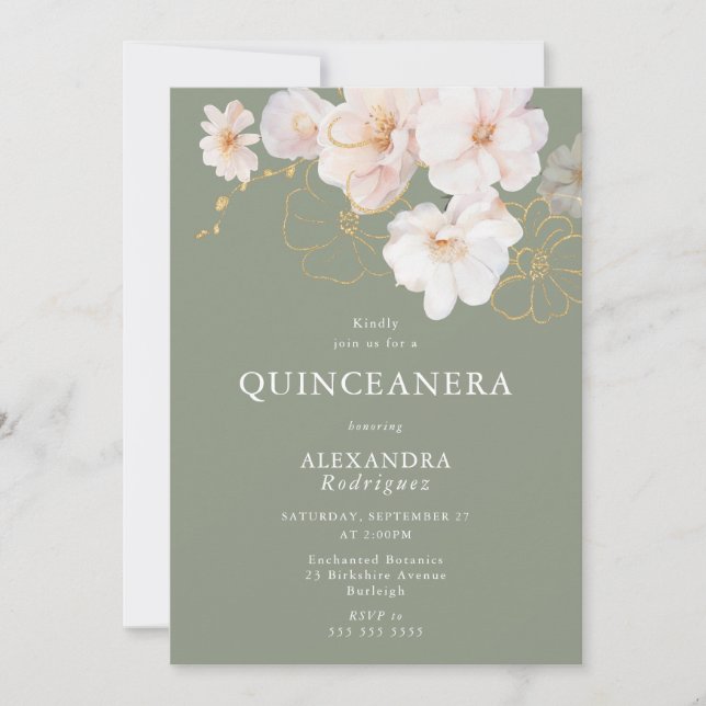  Blush Wildflowers Elegant Sage Quinceanera Invitation (Front)