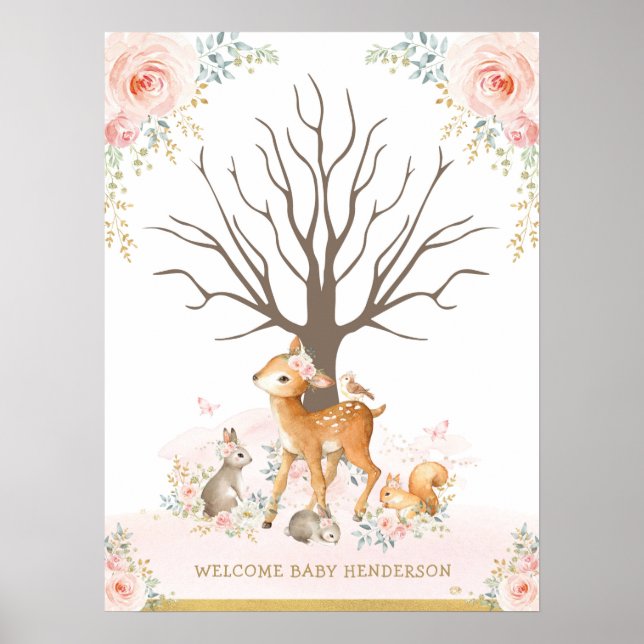 Blush Woodland Animals Baby Thumbprint Guestbook (Front)