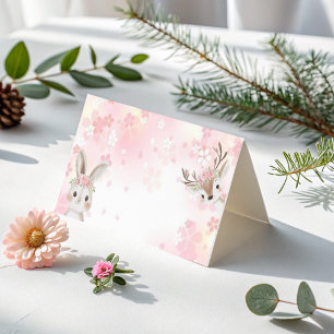 Blush Woodland Baby Girl Folded Thank You Card